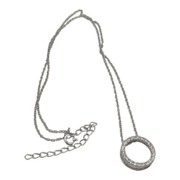 925 Halo CZ Cubic Zirconia Pendant Necklace 16" with 2" ext Open Circle Sterling - Picture 7 of 12